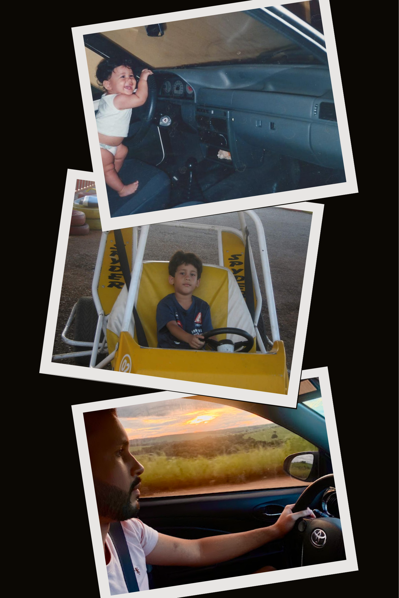 Colagem de fotos: bebê ao volante, menino no kart e homem dirigindo ao pôr do sol